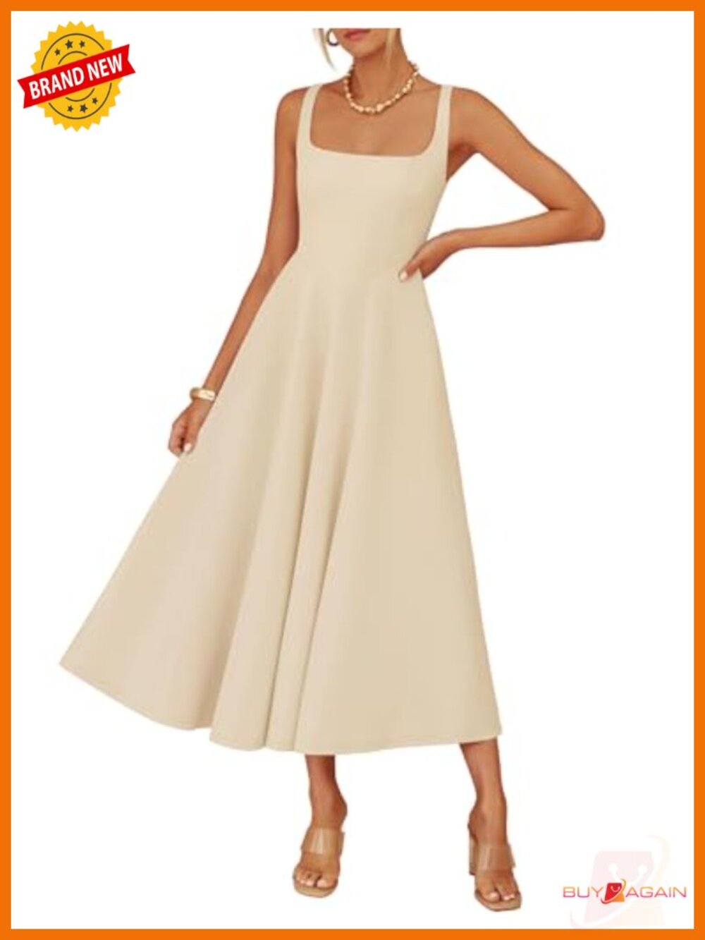 Sleeveless Square Neck A-Line Midi Dress with Pockets